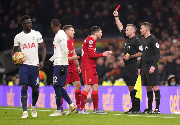 referee-paul-tierney-shows-a-red-card-to-liverpools-andrew-robertson-after-a-var-review-for-a-foul-on-tottenham-hotspurs-emerson-royal-during-the-premier-league-match-at-the-tottenham-hotspur-stadiu
