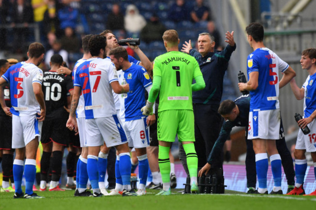blackburn-rovers-manager-tony-mowbray-speaks-to-his-team-during-the-sky-bet-championship-match-at-ewood-park-blackburn-picture-date-saturday-august-21-2021