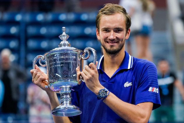 flushing-meadow-united-states-12th-sep-2021-daniil-medvedev-of-russia-holds-the-trophy-after-his-win-against-novak-djokavic-of-serbia-in-the-mens-final-in-arthur-ashe-stadium-at-the-2021-us-open