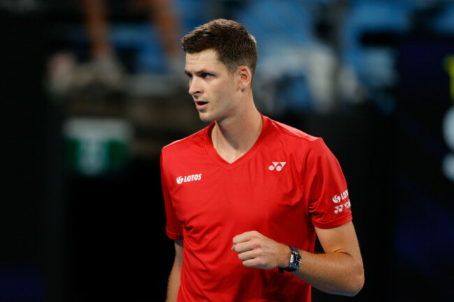 sydney-australia-07th-jan-2022-hubert-hurkacz-of-team-poland-fist-pumps-against-roberto-bautista-agut-of-team-spain-during-the-atp-cup-semi-final-at-sydney-olympic-park-tennis-centre-sydney-aust