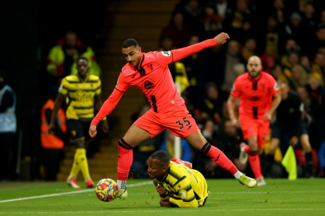 21st-january-2022-vicarage-road-watford-herts-england-premier-league-football-watford-versus-norwich-city-adam-idah-of-norwich-city-takes-on-samir-of-watford