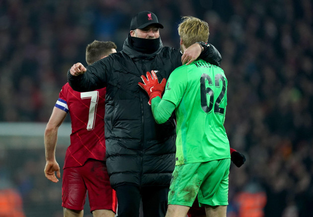 liverpool-manager-jurgen-klopp-celebrates-with-liverpool-goalkeeper-caoimhin-kelleher-at-full-time-after-the-carabao-cup-quarter-final-match-at-anfield-liverpool-picture-date-wednesday-december-22
