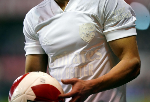 a-detailed-view-of-the-shirt-of-arsenals-cedric-soares-during-the-emirates-fa-cup-third-round-match-at-city-ground-nottingham-arsenal-are-in-an-all-white-kit-for-the-first-time-as-part-of-the-no-m
