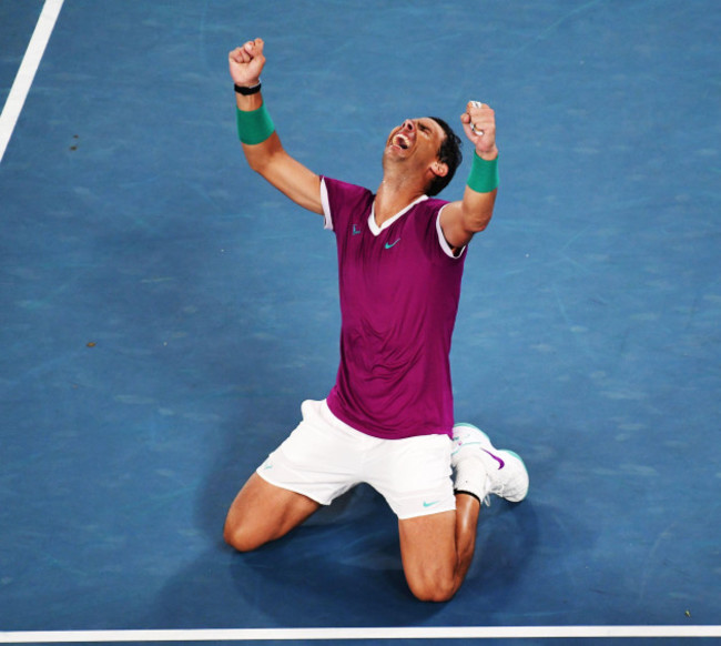 melbourne-australia-30th-jan-2022-australian-open-melbourne-park-day-14-30012022-mens-singles-final-rafa-nadal-esp-celebrates-as-he-wins-a-record-21st-grand-slam-title-credit-roger-parkerala