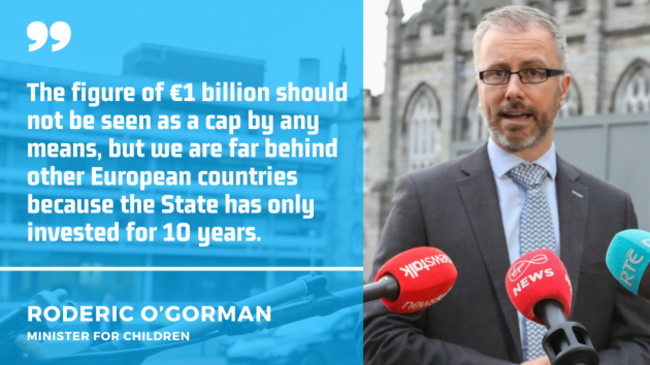 Minister Roderic O’Gorman wearing a suit and tie, standing in front of press microphones, with the quote - The figure of €1 billion should not be seen as a cap by any means, but we are far behind other European countries because the State has only invested for 10 years.