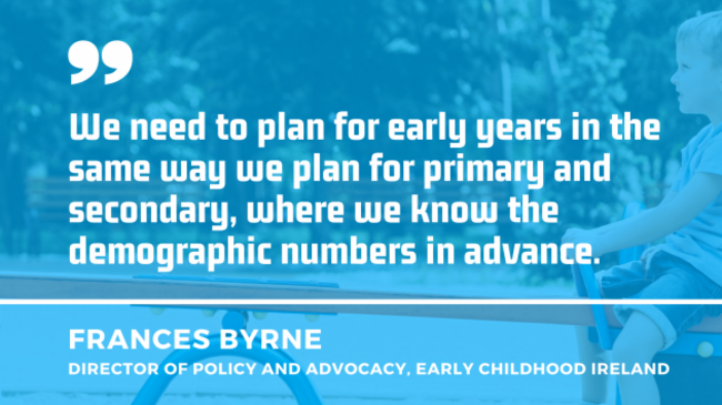 Boy sitting on a seesaw with a quote by Frances Byrne, director of policy and advocacy at Early Childhood Ireland - We need to plan for early years in the same way we plan for primary and secondary, where we know the demographic numbers in advance.