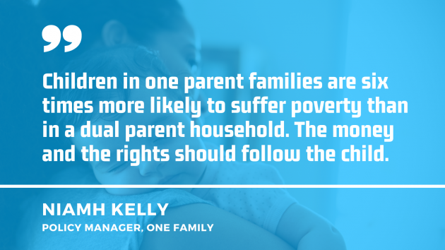 Baby being held over a woman’s shoulder with a quote by Niamh Kelly, policy manager at One Family - Children in one parent families are six times more likely to suffer poverty than in a dual parent household. The money and the rights should follow the child.