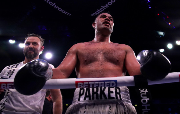joseph-parker-and-trainer-andy-lee-left-after-the-wbo-intercontinental-heavyweight-title-fight-against-derek-chisora-at-the-ao-arena-manchester-picture-date-saturday-december-18-2021