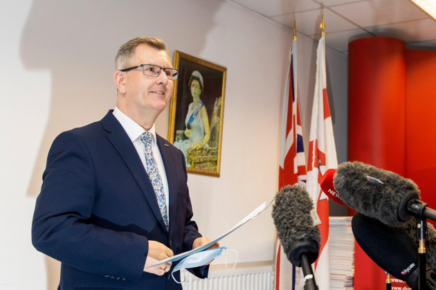 dup-mp-for-lagan-valley-sir-jeffrey-donaldson-launches-his-campaign-to-become-leader-of-the-dup-at-the-constituency-office-of-dup-mp-gavin-robinson-in-east-belfast-picture-date-monday-may-3-2021