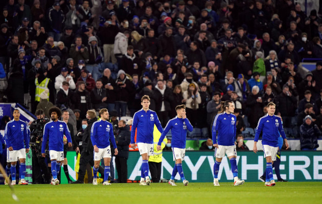 leicester-city-players-make-their-way-onto-the-pitch-for-the-premier-league-match-at-the-king-power-stadium-leicester-picture-date-wednesday-january-19-2022