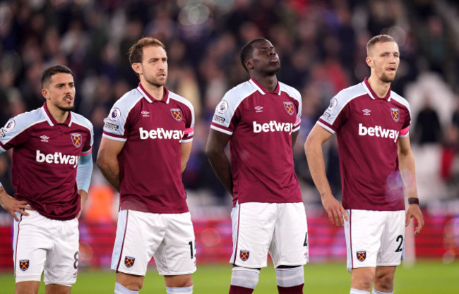 west-ham-uniteds-kurt-zouma-lines-up-ahead-of-the-premier-league-match-at-the-london-stadium-uk-picture-date-tuesday-february-8-2022