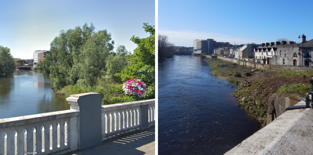 On the left there is lots of vegetation on the right back of the river, including a number of willow trees. On the right, all of this vegetation is now gone and the bank is bare - mainly brown with some small green patches. 