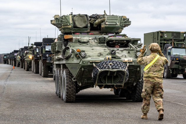 vilseck-germany-09th-feb-2022-a-u-s-army-stryker-wheeled-tank-drives-on-the-grounds-of-the-grafenwoehr-military-training-area-the-u-s-army-is-transferring-around-1000-soldiers-including-tanks