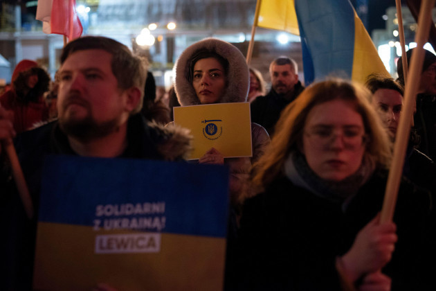 warsaw-warsaw-poland-17th-feb-2022-protesters-hold-signs-reading-solidal-with-ukraine-on-february-17-2022-in-warsaw-poland-a-few-hundred-people-rallied-next-to-the-palace-of-culture-and-sc