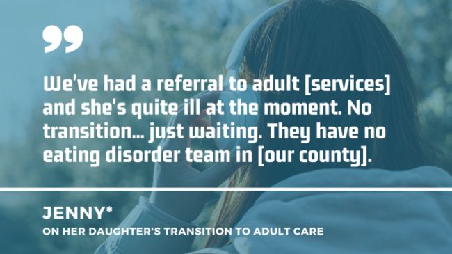 Young person wearing headphones on a walk with a quote by Jenny on her daughter’s transition to adult care: We've had a referral to adult services and she's quite ill at the moment. No transition... just waiting. They have no eating disorder team in our county.