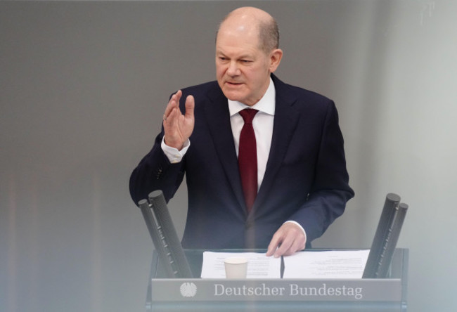berlin-germany-27th-feb-2022-chancellor-olaf-scholz-spd-delivers-a-government-statement-at-the-beginning-of-the-special-session-of-the-bundestag-on-the-war-in-ukraine-credit-kay-nietfelddpaa
