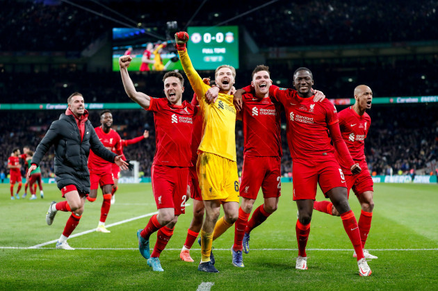 london-uk-27th-feb-2022-caoimhin-kelleher-of-liverpool-celebrates-with-teammates-after-winning-the-carabao-cup-final-match-between-chelsea-and-liverpool-at-wembley-stadium-on-february-27th-2022-in