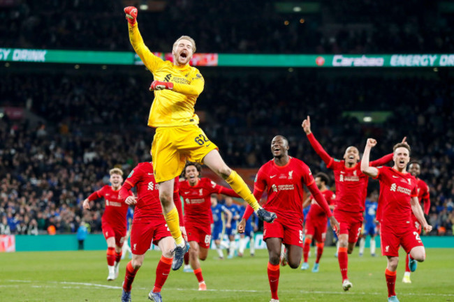 london-uk-27th-feb-2022-caoimhin-kelleher-of-liverpool-celebrates-after-winning-the-carabao-cup-final-match-between-chelsea-and-liverpool-at-wembley-stadium-on-february-27th-2022-in-london-englan