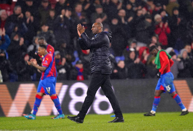 crystal-palace-manager-patrick-vieira-applauds-the-fans-at-the-end-of-the-emirates-fa-cup-fifth-round-match-at-selhurst-park-london-picture-date-tuesday-march-1-2022