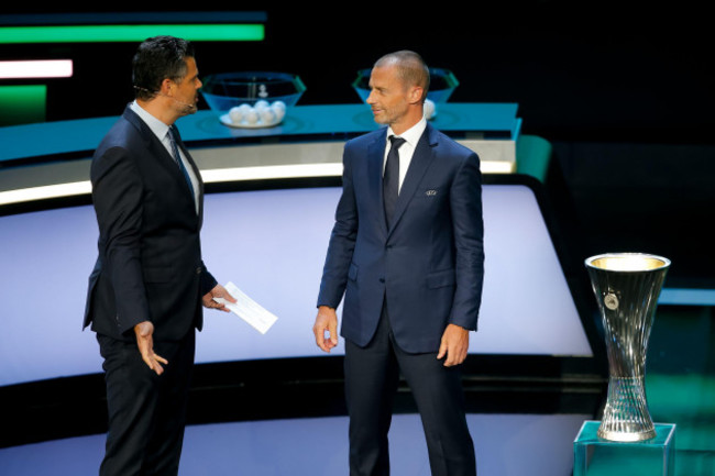 istanbul-turkey-august-27-sports-journalist-pedro-pinto-and-president-of-uefa-aleksander-ceferin-during-the-uefa-conference-league-202122-group-stage-draw-at-the-halic-congress-center-on-august-2