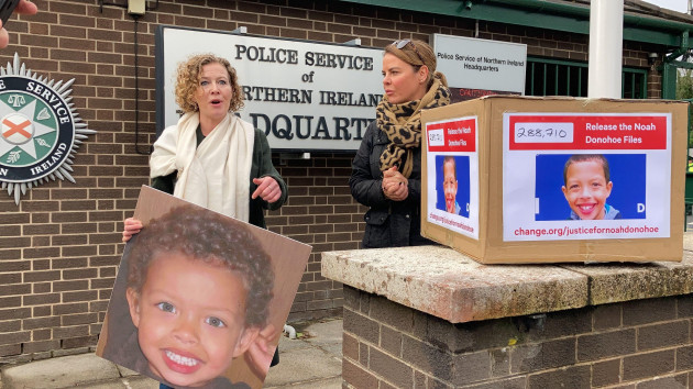 ms-donohoe-accompanied-by-her-sister-niamh-delivers-a-petition-to-police-headquarters-on-friday-fiona-donohoe-the-mother-of-noah-donohoe-a-14-year-old-pupil-at-st-malachys-college-in-belfast-was