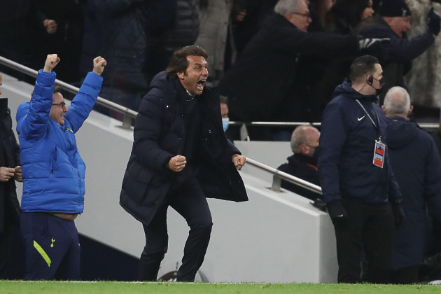 london-england-19th-december-2021-antonio-conte-manager-of-tottenham-hotspur-celebrates-after-son-heung-min-of-tottenham-hotspur-scores-to-make-it-2-2-during-the-premier-league-match-at-the-totten