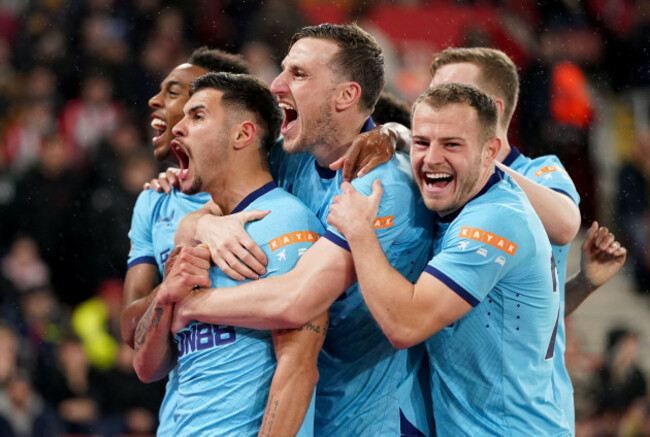 newcastle-uniteds-bruno-guimaraes-celebrates-scoring-his-sides-second-goal-during-the-premier-league-match-at-st-marys-stadium-london-picture-date-thursday-march-10-2022