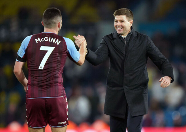 aston-villas-john-mcginn-left-greets-manager-steven-gerrard-after-the-final-whistle-following-the-premier-league-match-at-elland-road-leeds-picture-date-thursday-march-10-2022