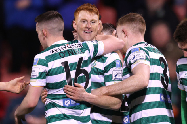 rory-gaffney-is-congratulated-by-gary-oneil-after-scoring-a-goal