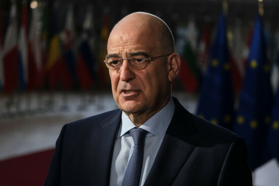 brussels-belgium-21st-mar-2022-greek-foreign-minister-nikos-dendias-makes-a-statement-as-he-arrives-for-a-foreign-affairs-council-fac-meeting-at-the-eu-headquarters-in-brussels-belgium-on-march