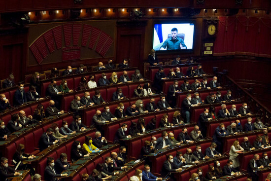 rome-italy-22nd-mar-2022-the-president-of-the-republic-of-ukraine-volodymyr-zelensky-in-video-during-his-speech-at-the-italian-parliament-rome-italy-march-22nd-2022photo-samantha-zucchi-insid