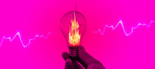 Design for LIGHTS OUT - A light bulb which is on fire being held in someone’s hand with a jagged white line coming out of it symbolising electric current. 