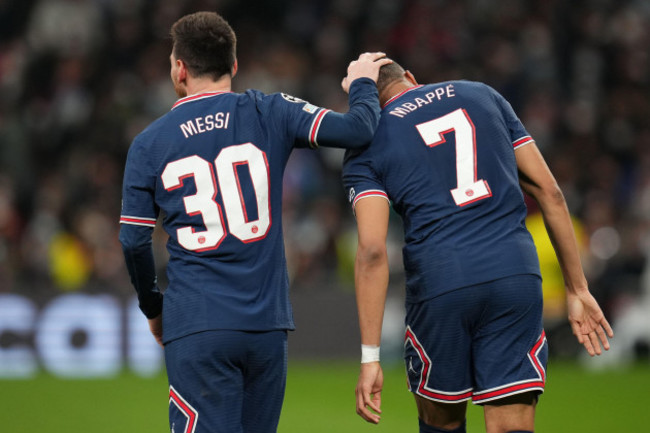 madrid-spain-march-09-2022-kylian-mbappe-of-psg-celebrates-the-0-1-with-his-teammate-lionel-messi-during-the-uefa-champions-league-match-between-real-madrid-and-paris-saint-germain-played-at-sant