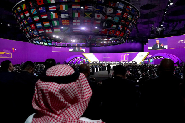 a-general-view-of-gianni-infantino-the-president-of-fifa-speaking-on-stage-during-the-72nd-fifa-congress-at-the-doha-exhibition-and-convention-center-doha-picture-date-thursday-march-31-2022