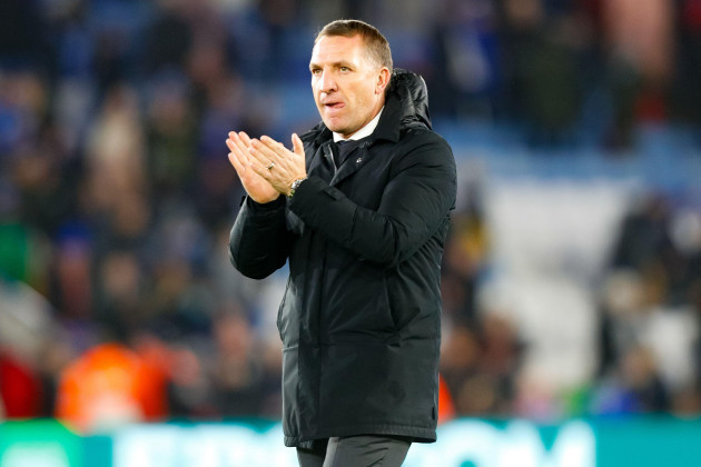 leicester-uk-8th-january-2022-king-power-stadium-leicester-leicestershire-england-fa-cup-3rd-round-football-leicester-city-versus-watford-leicester-city-manager-brendan-rodgers-applauds-the-h