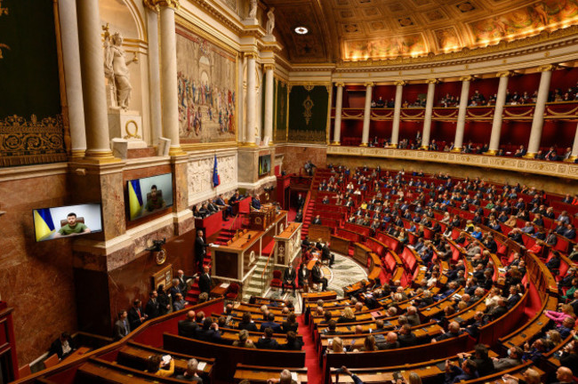 paris-france-23rd-mar-2022-ukrainian-president-zelensky-addresses-members-of-the-french-parliament-paris-france-on-march-23-2022-photo-by-laurent-zabulonabacapress-com-credit-abaca-pressala