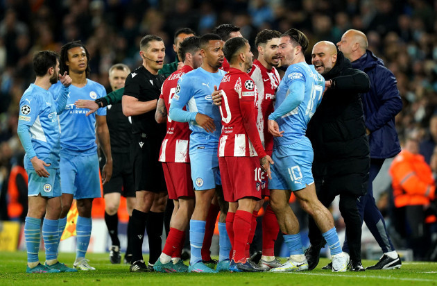 tempers-flare-during-the-uefa-champions-league-quarter-final-first-leg-match-at-the-etihad-stadium-manchester-picture-date-tuesday-april-5-2022