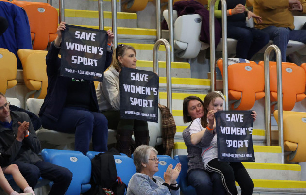 derby-uk-02nd-apr-2022-ladies-holding-save-womens-sport-banners-after-emily-bridges-was-not-allowed-to-compete-in-the-national-omnium-championships-at-the-derby-arena-velodrome-credit-paul-ma
