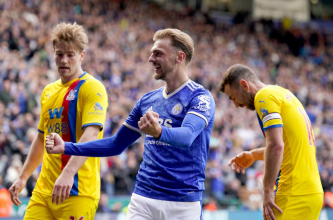 leicester-citys-kiernan-dewsbury-hall-celebrates-after-the-premier-league-match-at-the-king-power-stadium-leicester-picture-date-sunday-april-10-2022