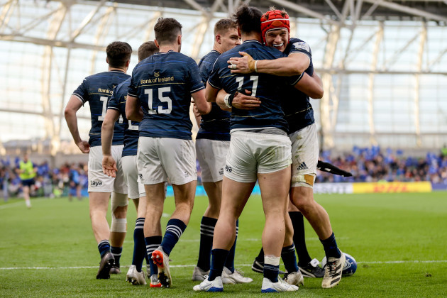 james-lowe-celebrates-scoring-his-third-try-of-the-game-with-teammates