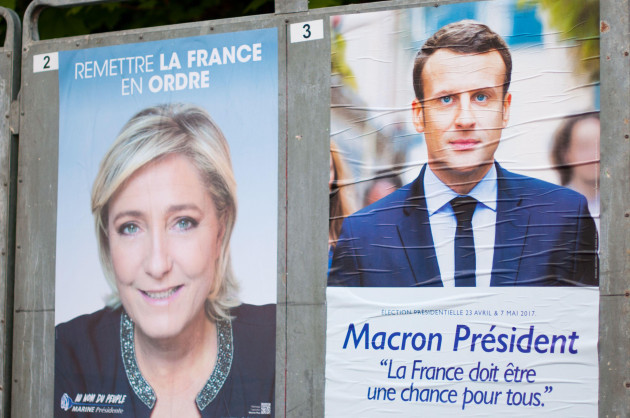 reyrieux-france-april-15-2017-official-campaign-posters-for-the-2017-french-presidential-election-marine-le-pen-and-emmanuel-macron
