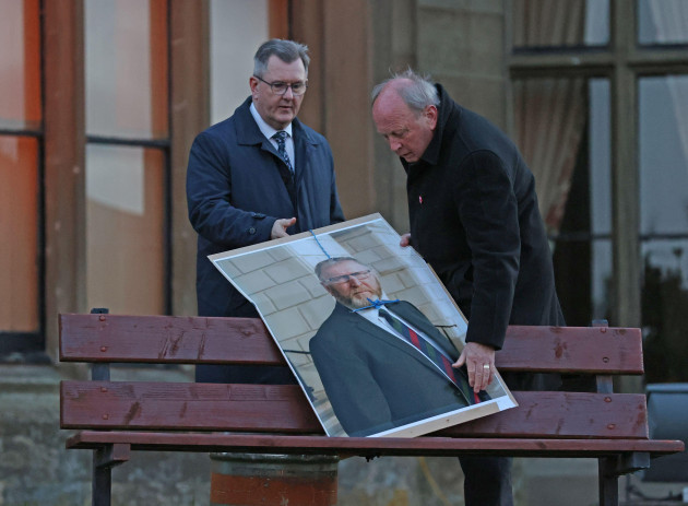 jim-allister-right-and-dup-leader-sir-jeffrey-donaldson-with-a-poster-of-the-leader-of-the-ulster-unionist-party-doug-beattie-during-a-rally-in-opposition-to-the-northern-ireland-protocol-at-brown