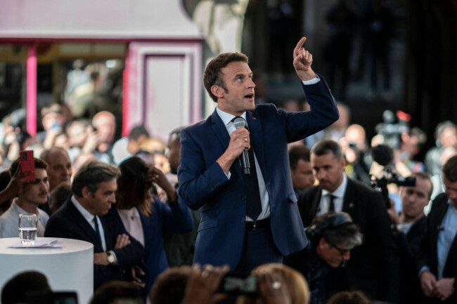 french-president-and-centrist-la-republique-en-marche-lrem-party-candidate-for-re-election-emmanuel-macron-holds-a-rally-on-the-last-day-of-campaigning-in-figeac-southern-france-on-april-22-2022