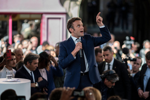 french-president-and-centrist-la-republique-en-marche-lrem-party-candidate-for-re-election-emmanuel-macron-holds-a-rally-on-the-last-day-of-campaigning-in-figeac-southern-france-on-april-22-2022