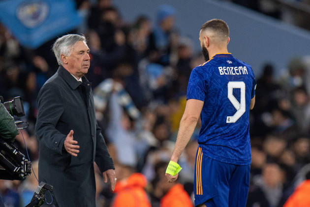 manchester-england-april-26-manager-carlo-ancelotti-and-karim-benzema-during-the-uefa-champions-league-semi-final-leg-one-match-between-manchester-city-and-real-madrid-at-city-of-manchester-stadiu