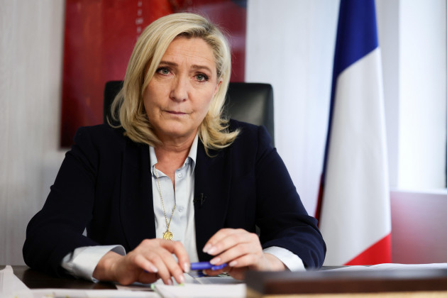 marine-le-pen-leader-of-french-far-right-national-rally-rassemblement-national-party-and-candidate-for-the-2022-french-presidential-election-attends-an-interview-with-reuters-at-her-campaign-headq