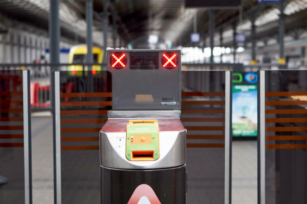 Ticket barrier at a train station with the leap card label at the check point.