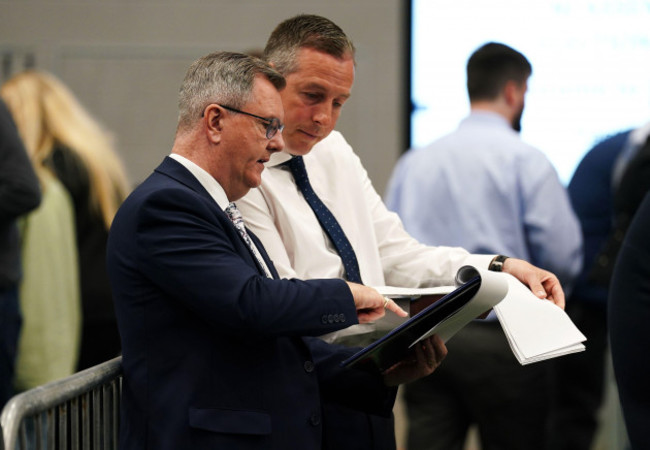 democratic-unionist-party-candidates-for-lagan-valley-party-leader-jeffrey-donaldson-left-and-paul-givan-at-ulster-university-jordanstown-count-centre-in-newtownabbey-as-counting-is-underway-in-the