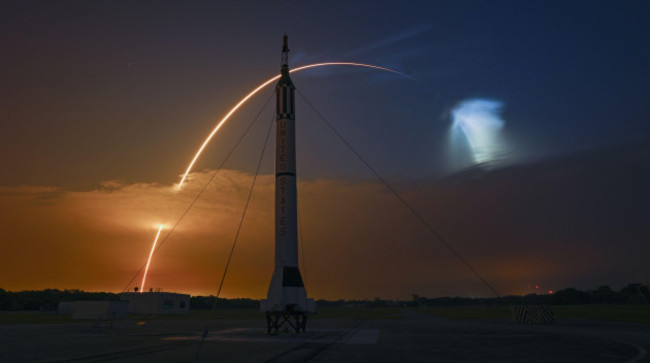 a-mercury-redstone-stands-silhouetted-on-complex-5-as-spacex-launches-53-starlink-satellites-at-542-am-from-the-kennedy-space-center-florida-on-friday-may-6-2022-from-this-historic-site-on-the-ca