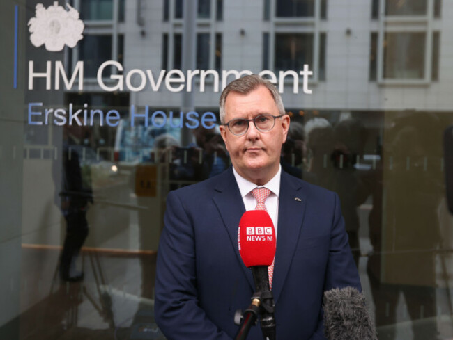 dup-leader-sir-jeffrey-donaldson-at-erskine-house-belfast-after-his-meeting-with-northern-ireland-secretary-brandon-lewis-following-the-historic-result-at-the-weekend-with-sinn-fein-overtaking-the